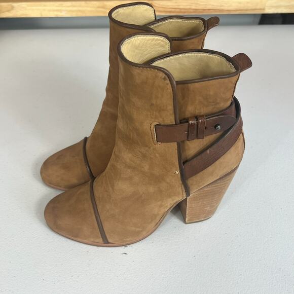 Rag & Bone Women's Boots 6.5 Kinsey Carmel Tan Nubuck Leather Strap Ankle Heel - Picture 3 of 15